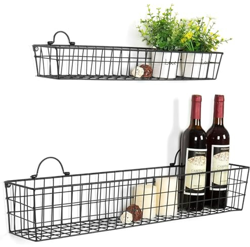 MyGift 2pcs 30-Inch Wire Baskets for Storage and Organization, Rustic Black Wall Mounted Metal Display Racks