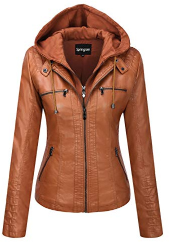 Springrain Women's Faux Leather Jacket Moto Biker Coat with Detachable Hood Motorcycle Jacket (Medium, Brown)