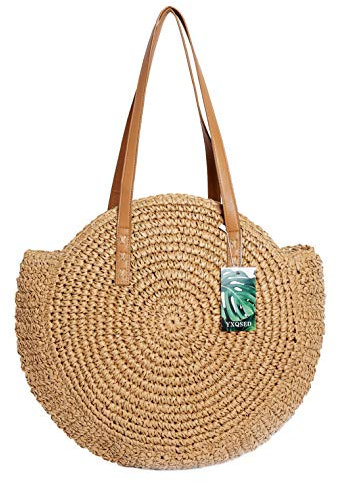 YXQSED Damen Gewebte Tasche Rund-Strandtasche Stroh Sommer Umhängetaschen Handgemachte Schultertaschen mit Reißverschluss Groß Khaki