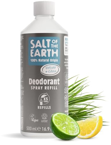 Natural Deodorant Refill for men från Salt of the Earth, Pure Armour Vetiver & Citrus - Vegansk, Långvarigt Skydd, Godkänd av Leaping Bunny, Tillverkad i Storbritannien - 500 ml