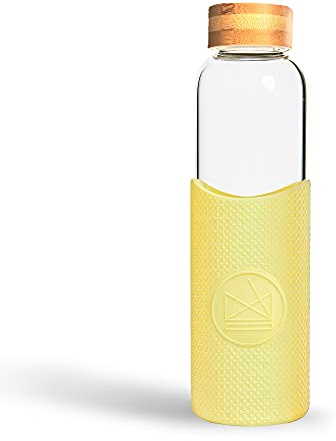 Neon Kactus - Bouteille en verre borosilicate soufflé à la main avec couvercle en bambou, bouteille d'eau revêtement silicone qualité alimentaire, Gourde réutilisable sans plastique et étanche 550ml