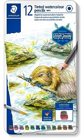 STAEDTLER Design Journey abgetönte wasservermalbare Stifte 146, klassischs Seschskntformat, weiche und intensive Mine, 12 Aquarellfarben im Metalletui, 14610T M12