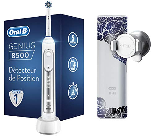 Oral-B Spazzolino Elettrico Ricaricabile Genius 8500 Design Edition. 1 Spazzolino Premium Argento Connesso, 5 Modalità Di Spazzolamento Visibili, 1 Testina Di Ricambio, 1 Custodia Da Viaggio Premium