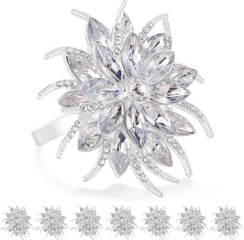 ZeeDix Christmas Flower Napkin Rings Set of 8, Silver Lotus Elegant Rhinestone Napkin Ring Serviette Buckles Holder for Wedding Birthday Christmas Holiday Party Home Kitchen Dinner Table Decoration
