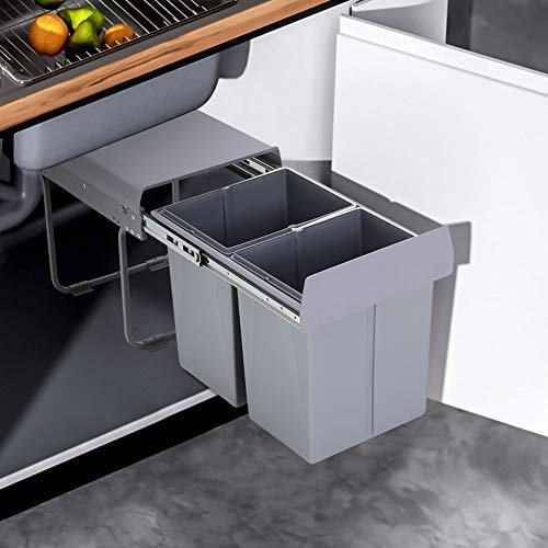 Warmiehomy Pull Out Kitchen Bin 40L Recycling Bins for Kitchen Built-In Double Compartments with Handle 2x20L Removable Bins with Fixing Waste Brackets