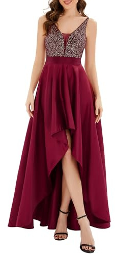 Ever-Pretty Vestido de Fiesta para Mujer Largo Sin Mangas Escote en V Corte Imperio Elegant Alta Baja Burdeos 36