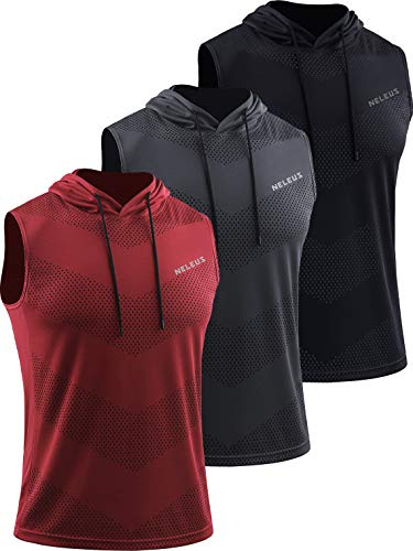 NELEUS Men's Workout Tank Tops Sleeveless Running Shirts with Hoodie,5098,3 Pack,Black/Grey/Red,XL