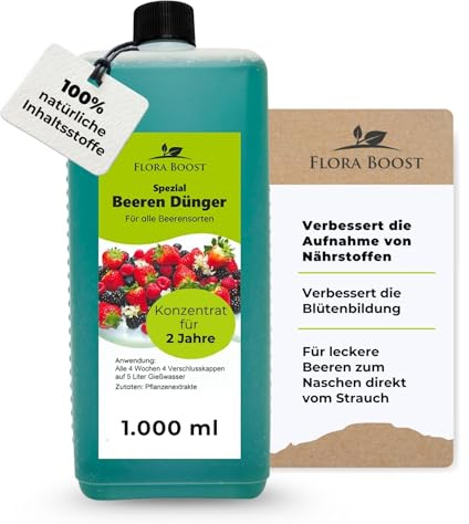 Konfitee Beeren Dünger Flora Boost 1000ml I Für bis zu 200L Gießwasser I Obst Dünger für alle Beeren Sorten geeignet I Flüssiger Blatt- & Wurzeldünger I 100% natürlicher Pflanzendünger