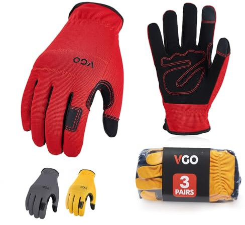 Vgo... Gants de Travail de Sécurité Légers, pour Constructeur, Mécanicien, Gants de Jardinage (NB7581,Jaune&Rouge&Gris,L,3 paires)