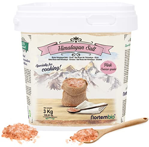 Nortembio Sel Rose de l'Himalaya 3 Kg. Gros (2-5 mm). Sel Gourmet 100% Naturel. Riche en Minéraux. Cuisine Saine. Sans Raffiner. Sans Conservateurs. Extrait à la Main. Du Punjab Pakistan.