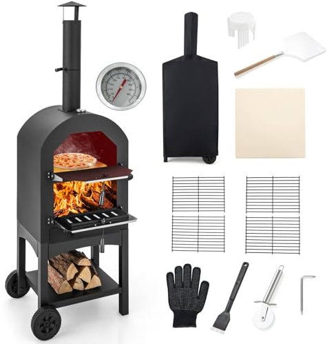 TANGZON Outdoor Pizza Oven, Wood-fired Pizza Maker with Waterproof Cover, Built-in Thermometer, Patio Cooking Grill for Camping Backyard BBQ (No Side Storage Shelves, 64 x 53 x 162cm)