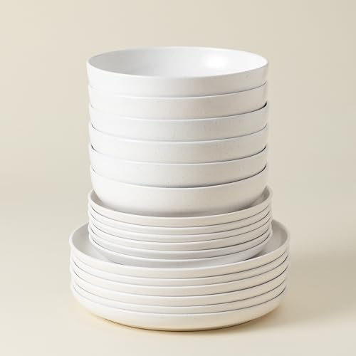 Casafina Ceramic Stoneware 18-Piece Place Setting Service for 6 with Pasta Bowls - Pacifica Collection, Salt White | Microwave & Dishwasher Safe Dinnerware Set | Food Safe Restaurant Quality Tableware