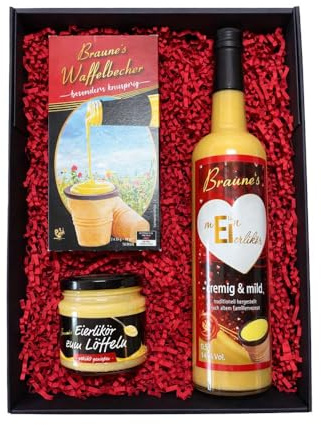 Braune’s Eierlikör Geschenkbox Zeit zum Löffeln – 0,5 L Klassik Mein Eierlikör, 0,2 L Glas Eierlikör, 16 Waffelbecher – Hochwertige Box mit Kunstgras