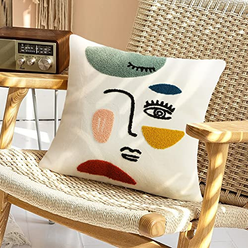 Merrycolor Soft Aesthetic Decorative Throw Pillow Covers 18x18 Modern Abstract Face Art Pillow Covers Colorful Embroidery Square Cushion Case Boho Cute Pillows for Bedroom Couch Sofa Living Room,1PC