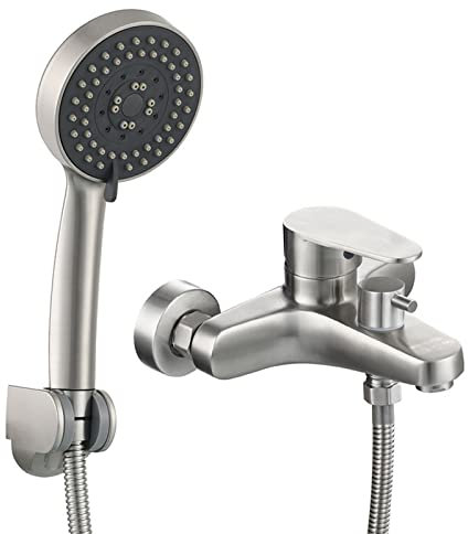 Badewannenarmatur aus Edelstahl, gebürstetes Nickel, Wannenarmatur, Einhand-Badewannen-Mischbatterie mit 5-Funktions-Handbrause, Wandmontage, Wannen-Duscharmatur-Set mit 59-Zoll-Schlauch Happy house
