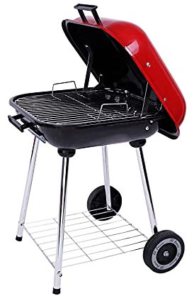 Barbacoa Parrilla de acero al carbón portátil BARBACOA con gran estufa de tapa roja Camping de picnic al aire libre con ruedas con ruedas que cocinan estantes de control de calor fumador 27in / 68 cm