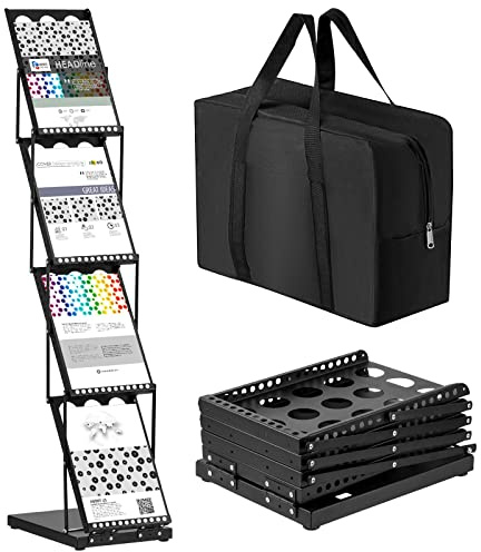 Tatuo 1 Piece Foldable Magazine Rack Metal Catalog Literature Rack Portable 4 Pockets with Carrying Bag Brochure Stand Literature Display Holder Stand for Exhibition Trade Show