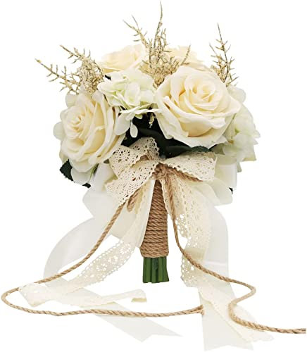 Wedding Bouquets For Bride, Champagne White Rose Bridal Bouquets For Bride With Silk Ribbon, Artificial Flower Bouquet For Wedding, Bridesmaid Bouquets For Valentine's Day Ceremony Church Decor