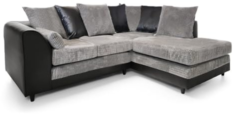 Furnishings For Less UK New Luca 4 Seater Corner Sofa L Shaped Black and Grey Fabric Cord + Leather Trim (Right Hand Facing, Black and Grey)