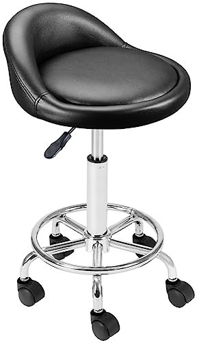 BAKAJI Taburete con Ruedas, Asiento Acolchado y Respaldo bajo de Piel sintética, Base con reposapiés de Acero Giratorio 360°, Altura Regulable, Ideal para esteticistas, Bares, cocinas, restaurantes