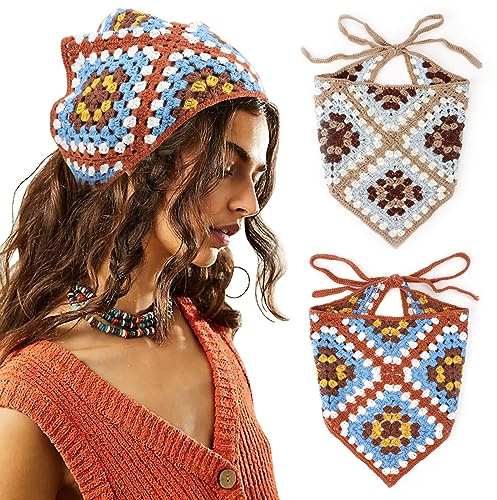 DRESHOW 2 Stück Damen Boho Stirnbänder Dreieck Kopftücher Bandanas Turban Krawatte Haarbänder Elastisches Haarschal für Damen und Mädchen