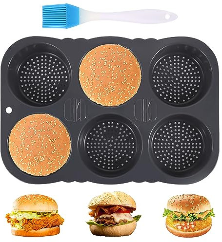 Toothbace Hamburger Brotform, 6 Löcher Non Stick Hamburger Brötchenpfanne mit Silikonölbürste, Burger Buns Backform Silikon Rund 10 cm Ø, für Brot, Burgerbrot und Muffins (A-6 Loch)