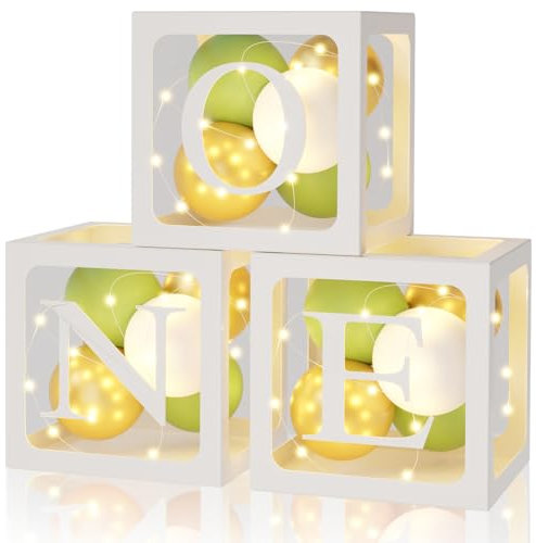 Scatole Decorative per il Primo Compleanno Ragazzi, 3 Corde Luminose e 3 Scatole per Arco Palloncini con 30 Palloncini Verde Bianco Oro, ONE Scatola per Decorazioni per Feste di Primo Compleanno