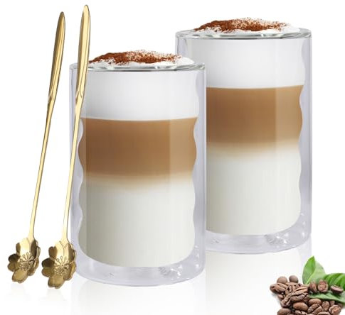 Hniuyun Double Wall Glass Coffee Mugs, 400ml Clear Coffee Mugs with Spoon, Insulated Glass Cups for Cappuccino, Milk, Tea, Espresso, Hot Beverage (2 Pack)