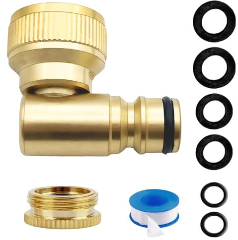 Garden Hose Tap Connector 1/2 & 3/4,Brass Angled Tap Connector,90° Elbow Female Rotating Hose Connector,Outdoor Tap Connector Kit for Hosepipe,Threaded Faucet Adapter