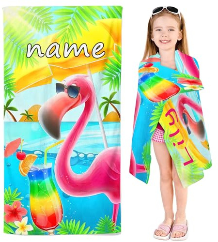 SMchwbc Personalisiert Strandtuch mit Namen, Personalisierte Mikrofaser Strandtuch Groß 70x140cm Badetuch Flamingo Blätter Strandtücher Flamingo für Strand (1,80 x 160 cm)