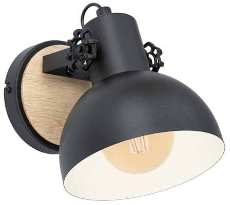 EGLO Wandlampe Lubenham, Vintage Wandleuchte im Industrial Design | Retro Wandspot aus Stahl und Holz, Farbe Schwarz, braun, Fassung E27, FSC zertifiziert