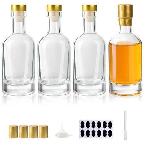 YBCPACK Lot de 4 bouteilles de liqueur en verre de 200 ml avec bouchons en T, capsules thermorétractables, bouteilles de vin vides pour alcool, huile, vodka transparent pour cadeaux de fête