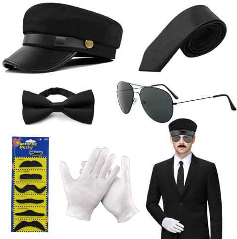 XNIVUIS Chauffeur-Kostüm-Zubehör, Neuheit, Fahrerkostüm, schwarzer Hut, Sonnenbrille, Fliege, Handschuhe, gefälschter Bart der 1980er Jahre, Gangster-Biker-Kostüm, Zubehör für Cosplay, Mottoparty, 6