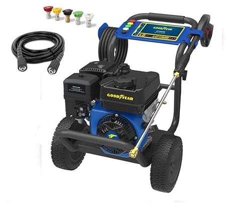 Goodyear - Hidrolimpiadora a Gasolina 3300 PSI / 228 Bar, 8 HP Motor OHV 224cc, Caudal 730 l/h, Limpiadora a Presión Profesional con Depósito de Detergente y 5 Boquillas Intercambiables