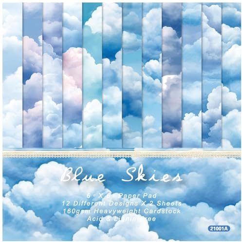 ZAKHSE Motivpapier 15,2x15,2cm, 48 Blätter Designpapier Blauer Himmel Weiße Wolken Einseitig Bedruckt Scrapbook Papier Dekoratives Bastelpapier 160gsm Papierblock für Basteln Handwerk-12 Designs