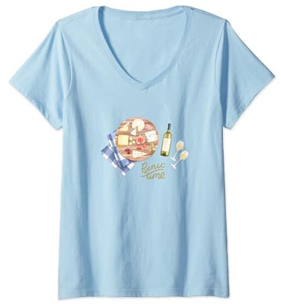 Femme Plateau à fromage et vin pour pique-nique d'été, planche à goûter à l'aquarelle T-Shirt avec Col en V
