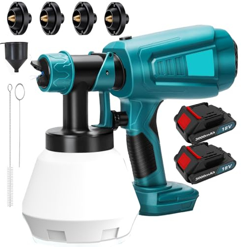 Akku Farbsprühsystem mit 2X 3000mAh Akku und Ladegerät, kompatibel mit Makita 18V Akkus, Elektro Lackierpistole mit 4 Düsen, 3 Spritzmuster, 1000ml farbsprühgerät, zum Streichen Gartenzaun