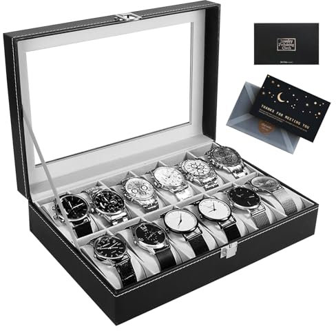 UCAMP Uhrenbox mit 12 Fächern,Uhrenkasten mit Glasdeckel,Uhrenkoffer mit herausnehmbaren Uhrenkissen,Metallverschluss,Uhrenbox Herren Frauen, Geschenkidee für Geburtstag Vatertag Valentinstag