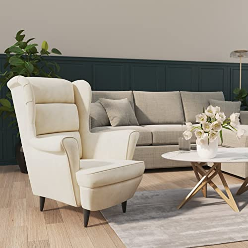 IKAYAA Butaca Viena, Sillón Nordico Escandinavo Orejero, Relax Orejeras Tapizado en Terciopelo para Salón o Dormitorio (Blanco Crema)