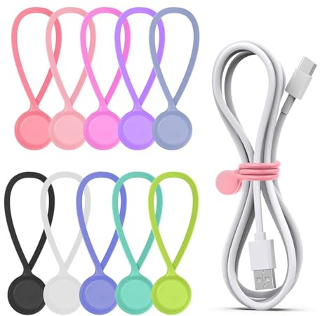 10 Pcs Magnetic Cable Ties,Silicone Cable Clips,Multi Coloured Reusable Cable Organisers Silicone,Clips Cable Straps Cord Organiser for Organizing and Bundling Wires, Cords, Charger, Earphone