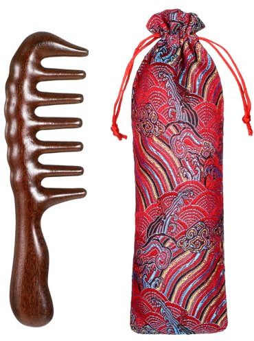 Thicken Wooden Wide Tooth Comb for Curls, Sandalwood Comb Anti-Static Large Natural Sandalwood Wooden Comb with Storage Bag Curly Hair Comb Beard Comb Massage Comb Wooden Hair Comb for Women Men