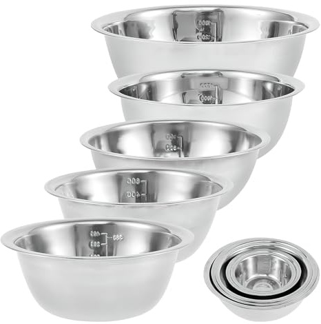 Ausune 5pcs Stainless Steel Mixing Bowl Set Multi-Functional Thick Large Bowls with Measurement Marks Ideal for Baking Salad Preparation Washing Vegetables