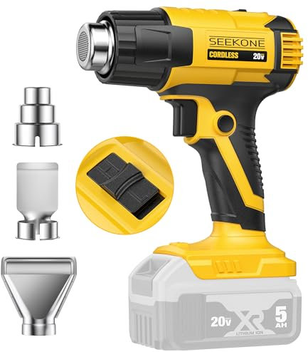 SEEKONE Cordless Heat Gun for Dewalt 20V Battery, Dual Temperature Settings 300°C and 550°C Fast Heating Hot Air Gun with 3 Nozzles for Shrink Tubing, Vinyl Wrap, Crafting, Electronics (No Battery)