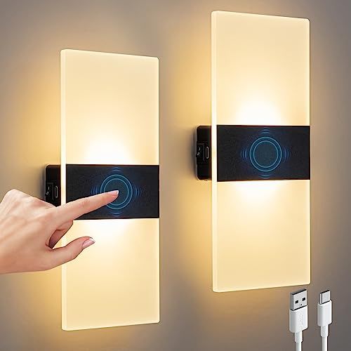 KwatTsz 2 Stück Wandleuchte mit Berührungssteuerung, 3 Helligkeit einstellbar, Moderne Wandlampe, Kabellos Up Down Wandbeleuchtung für Schlafzimmer Wohnzimmer Treppenhaus Beleuchtung Korridor