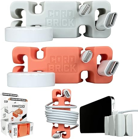 CordBrick 2pk Weighted Cord Holder for Nightstand - Phone Charger Cable Management for Travel, Phone Accessory, Stocking Stuffers for Adults - Multipurpose Gift for Home, Silicone, Light Gray/Coral