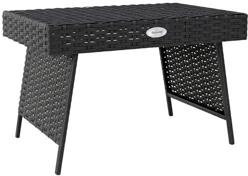 Outsunny Klappbarer Beistelltisch für den Außenbereich, Rattan-Garten-Couchtisch mit Stahlgestell, platzsparende Bistro-Gartenmöbel für Terrasse, Balkon, 60 x 41 x 41 cm, schwarz