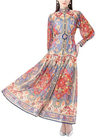 Beeblily Women's Vintage Floral Stand Collar Puff Sleeve Dress Flowy Casual A Line Maxi Dresses Red M