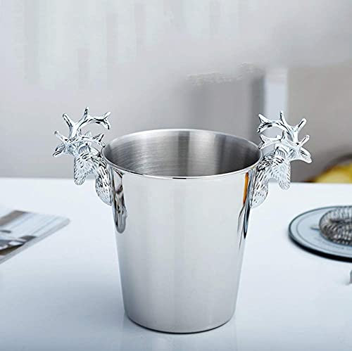 MRKU Großer Champagner-Eiskübel aus Metall, mit Edelstahl beschichteter Eiskübel mit Hirschkopf-Griff, Retro-Eiskübel, geeignet für Bier-, Wein- und Cocktailpartys