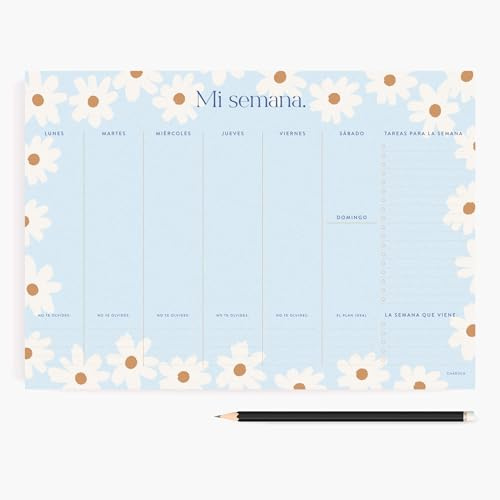 CHARUCA - Planificador Charuca Semanal A4 | Tu Semana a la Vista y en Orden con Organizador de 60 Hojas a Todo Color Tamaño A4, Flores Azul, 29.7x21 cms
