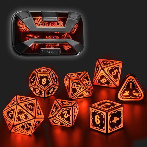 FONVGOGO Lys upp tärningsset D & D för fängelsehålor och drakar, coola LED DND-tärningar med laddningsbox uppladdningsbar polyhedral rollspel tärning för DND-gåvor RPG(stral skärva orange)
